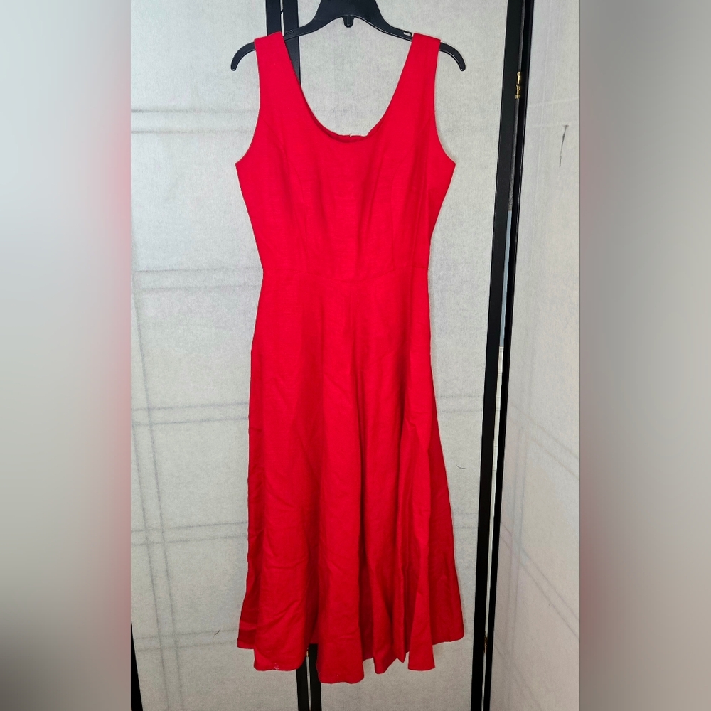Vintage Red Linen Rayon Sleeveless Midi Full A-Line Dress Size 8 Wedding Party